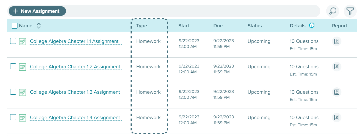 Existing ALEKS Assignment List