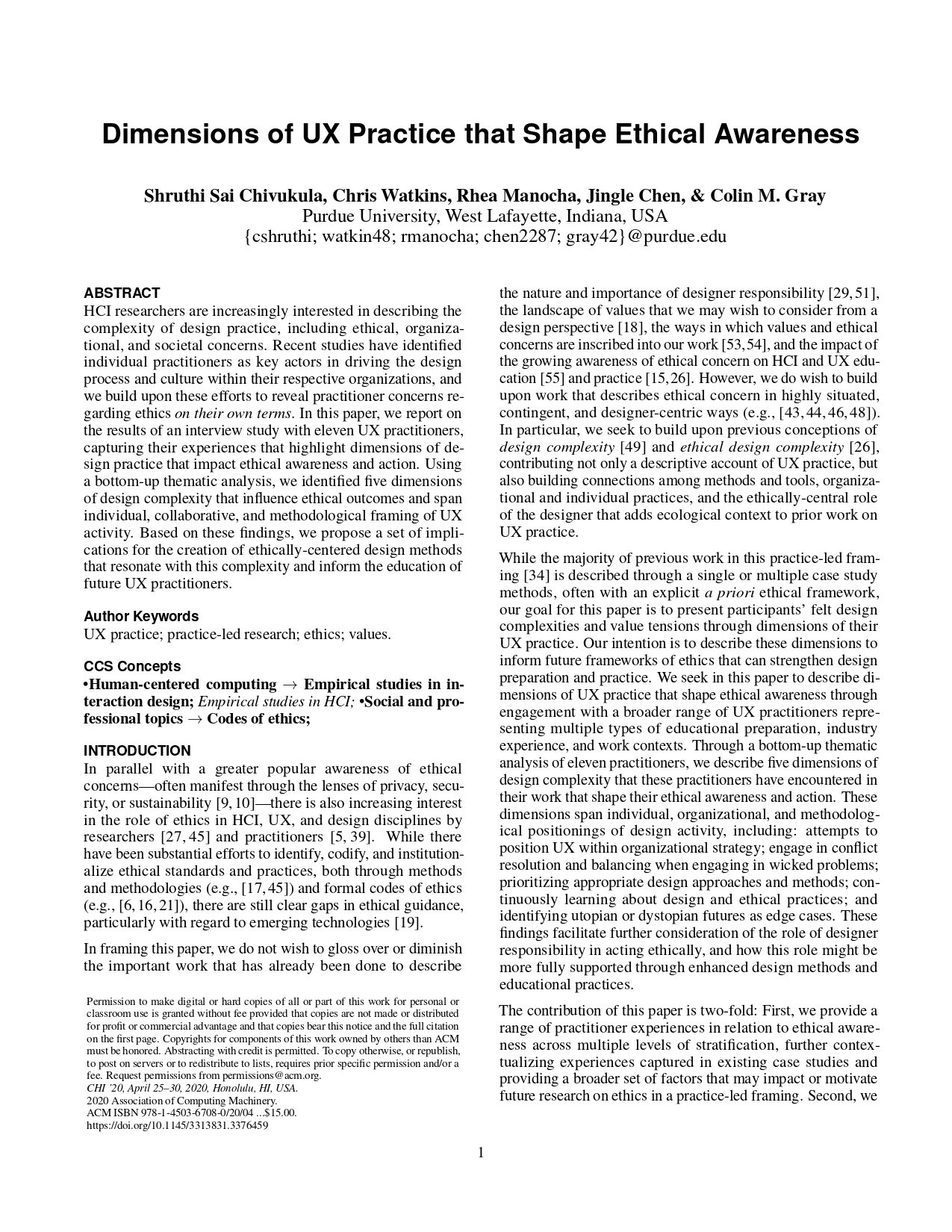 Screenshot of the paper, Dimensions of UX Practice that Shape Ethical Awareness