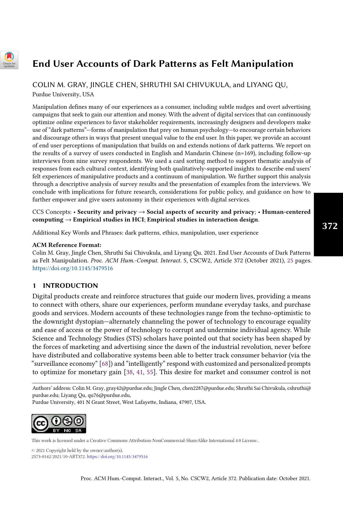 Screenshot of the paper, End User Accounts of Dark Patterns as Felt Manipulation