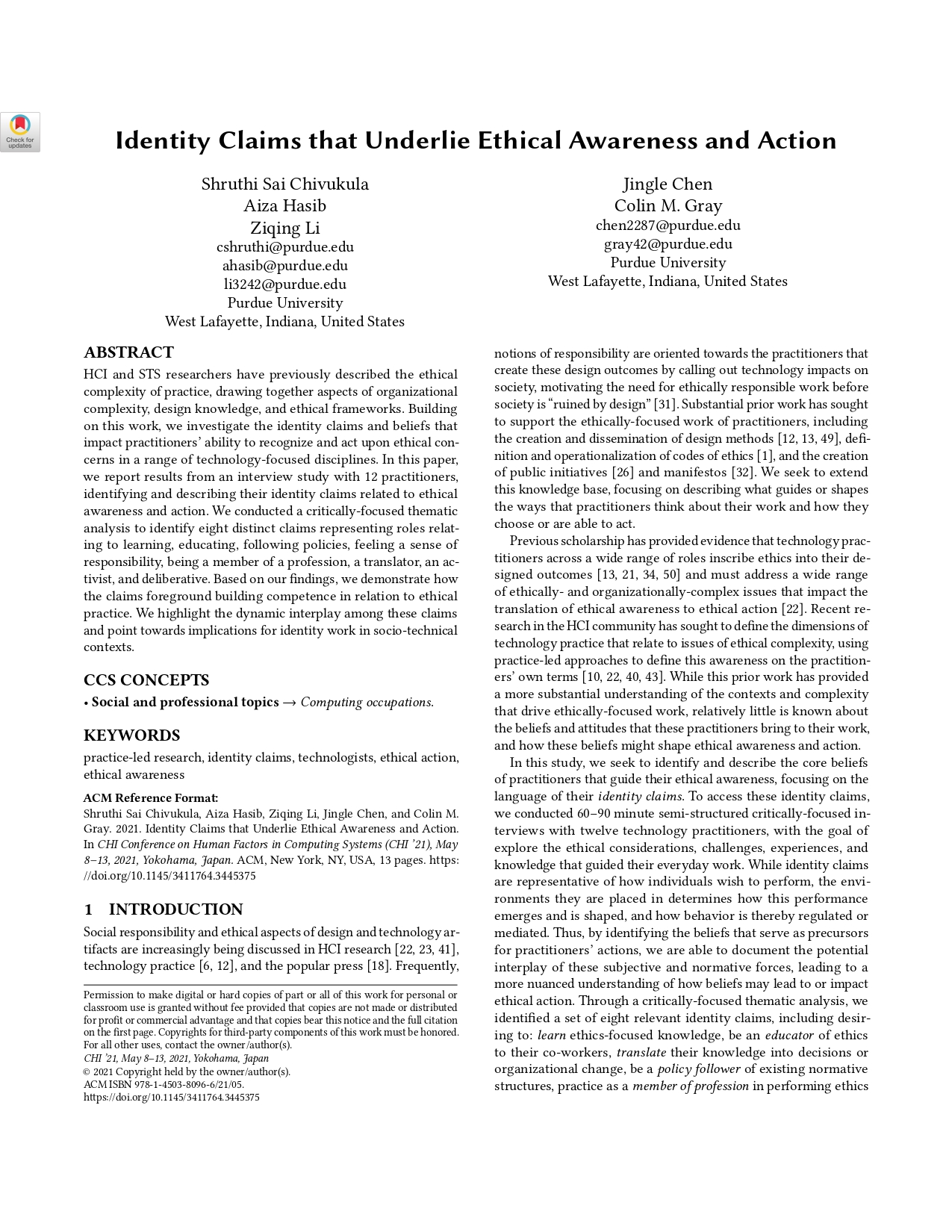 Screenshot of the paper, Identity Claims that Underlie Ethical Awareness and Action